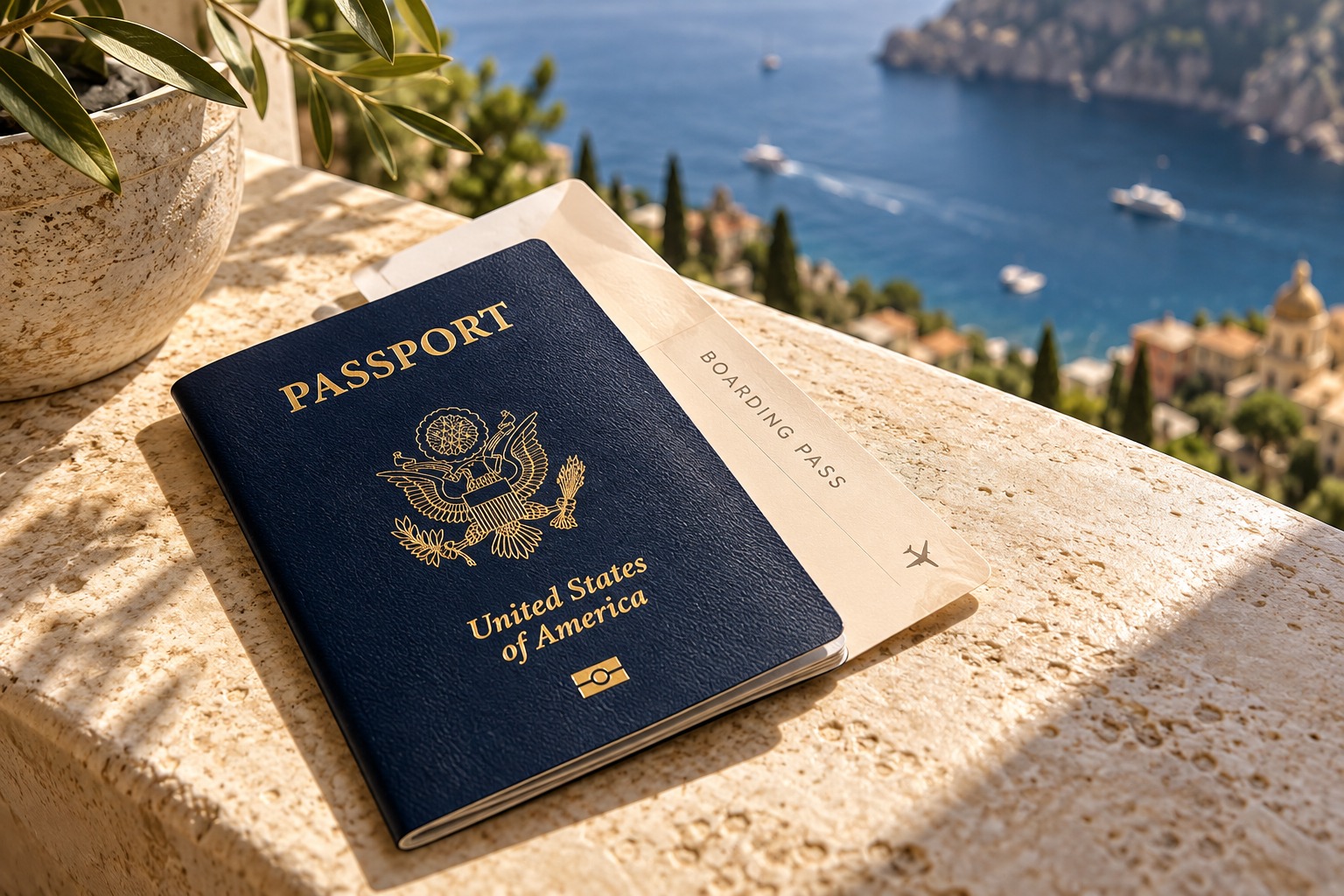 A navy U.S. passport and plane ticket on ivory stone beside a sunlit coastal window